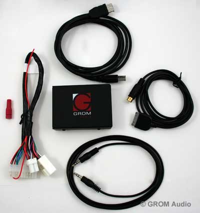 GROM USB MP3 kit consists of GROM main module, vehicle specific radio cable NIS2, USB cable, and optional iPod and AUX 3.5mm cables 