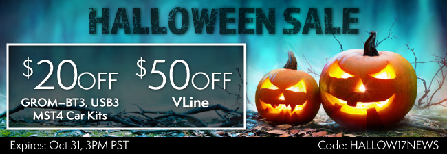 GROM Newsletter Halloween Coupon Special on Bluetooth Android and iPhone Car Kits and VLine Infotainment System
